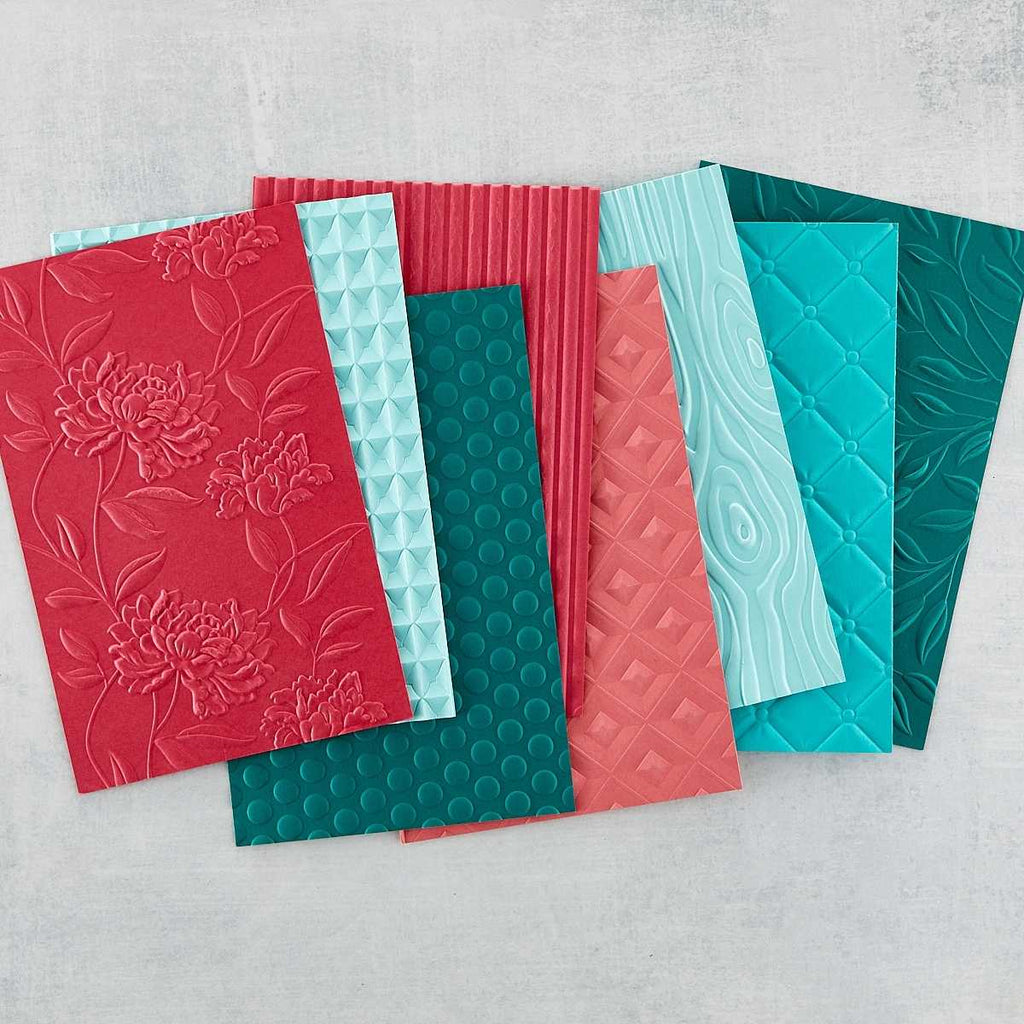Corrugated 3D Embossing Folder (E3D-037) shown in red fourth from the top/left. 
