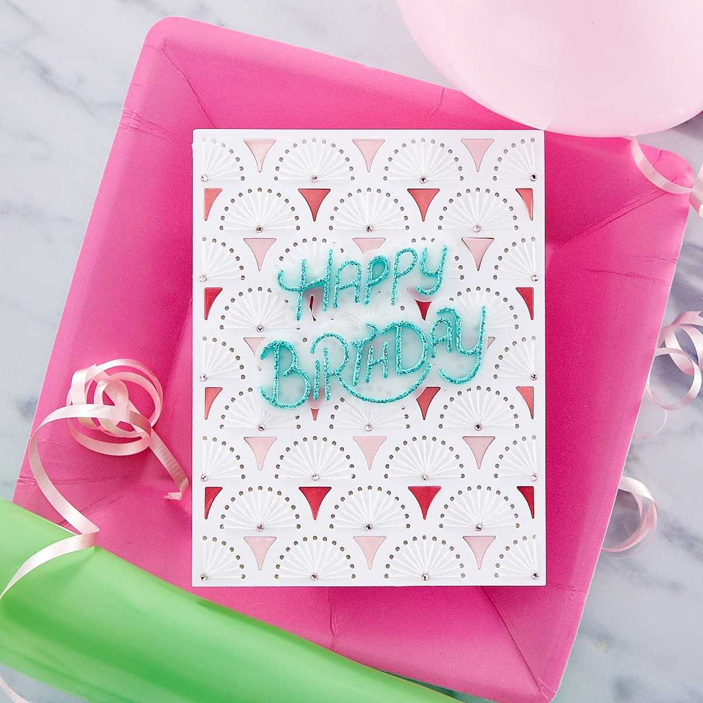 Stylized Happy Birthday Etched Dies from the Birthday Celebrations Collection (S2-342) stitched background. 