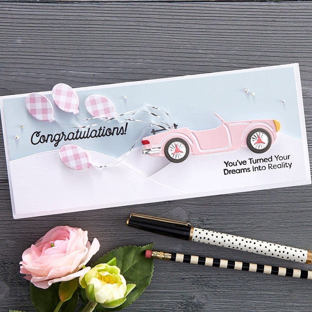 Open Road Sentiments Clear Stamp Set from the Open Road Collection (STP-066) congratulations pink slimline card. 
