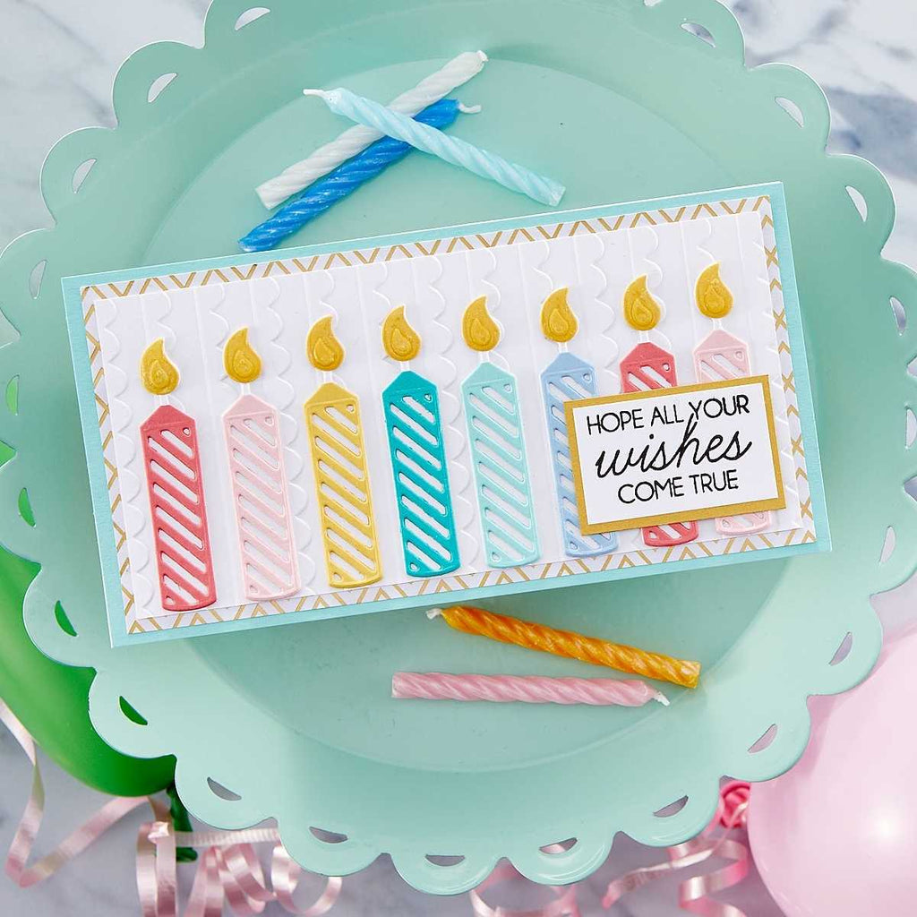 Slider Bar Accents Etched Dies from the Birthday Celebrations Collection (S3-448) row of candles slimline card example.