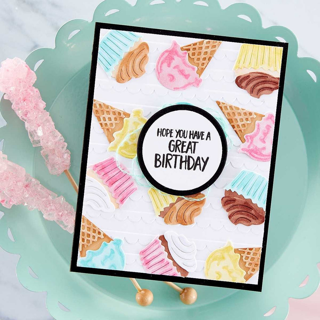 Slider Bar Accents Etched Dies from the Birthday Celebrations Collection (S3-448) cone and cupcake pattern card. 