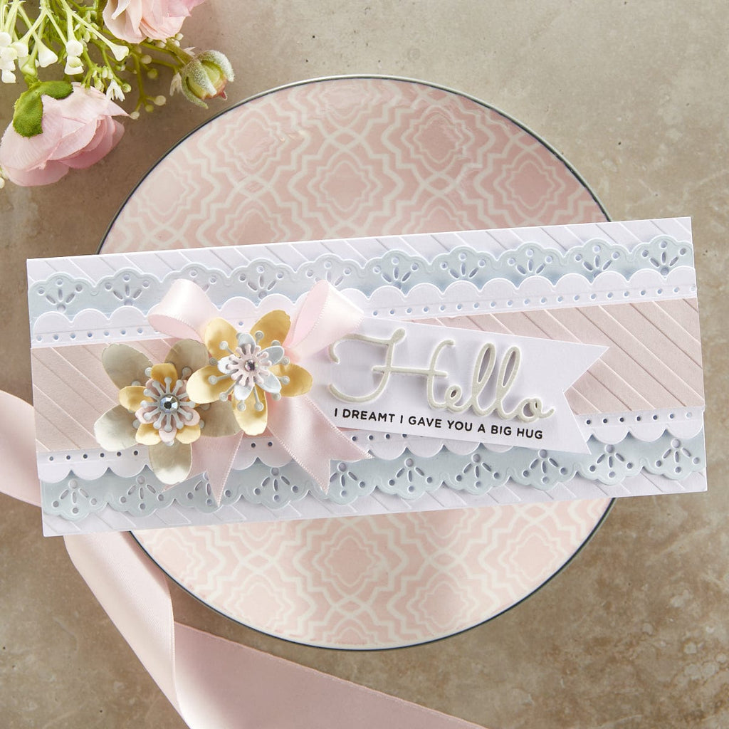 Cinch and Go Blossoms Etched Dies from the Classically Becca Collection by Becca Feeken (S4-1163) lifestyle photo of hello slimline card. 