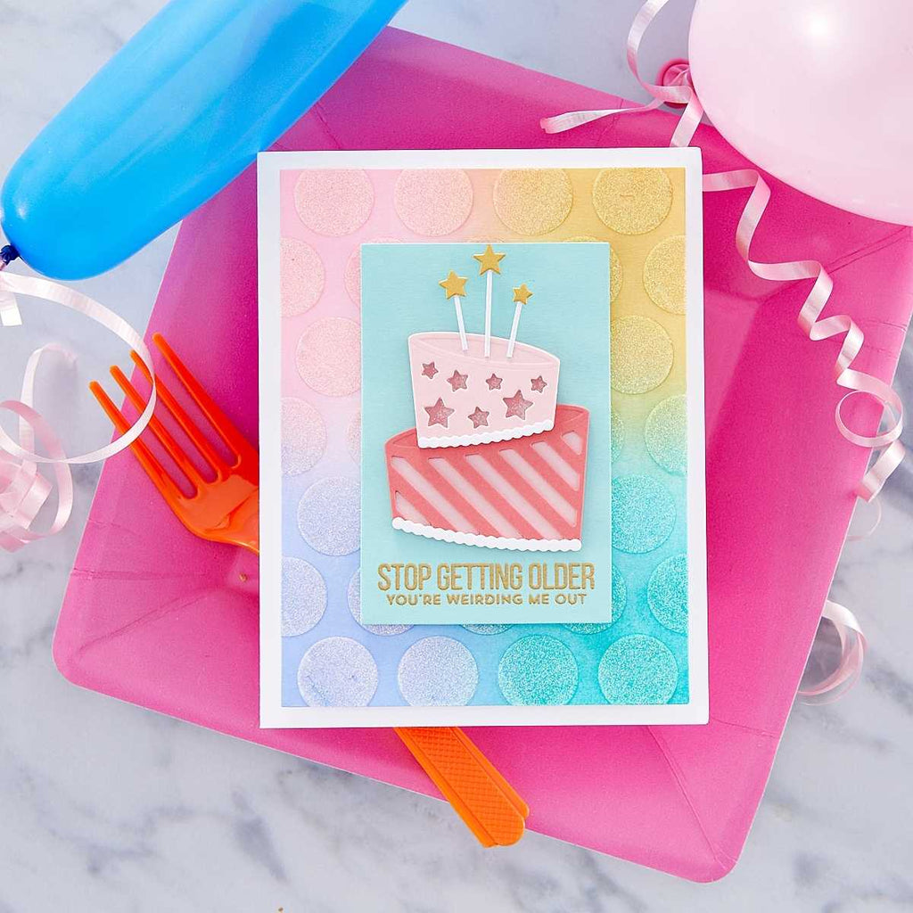 Party Spots Embossing Folder from the Birthday Celebrations Collection (SES-037) topsy cake with pastel background. 