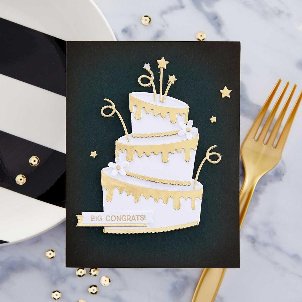 Topsy Turvy Cake Etched Dies from the Birthday Celebrations Collection (S6-195) congrats white cake on black background. 